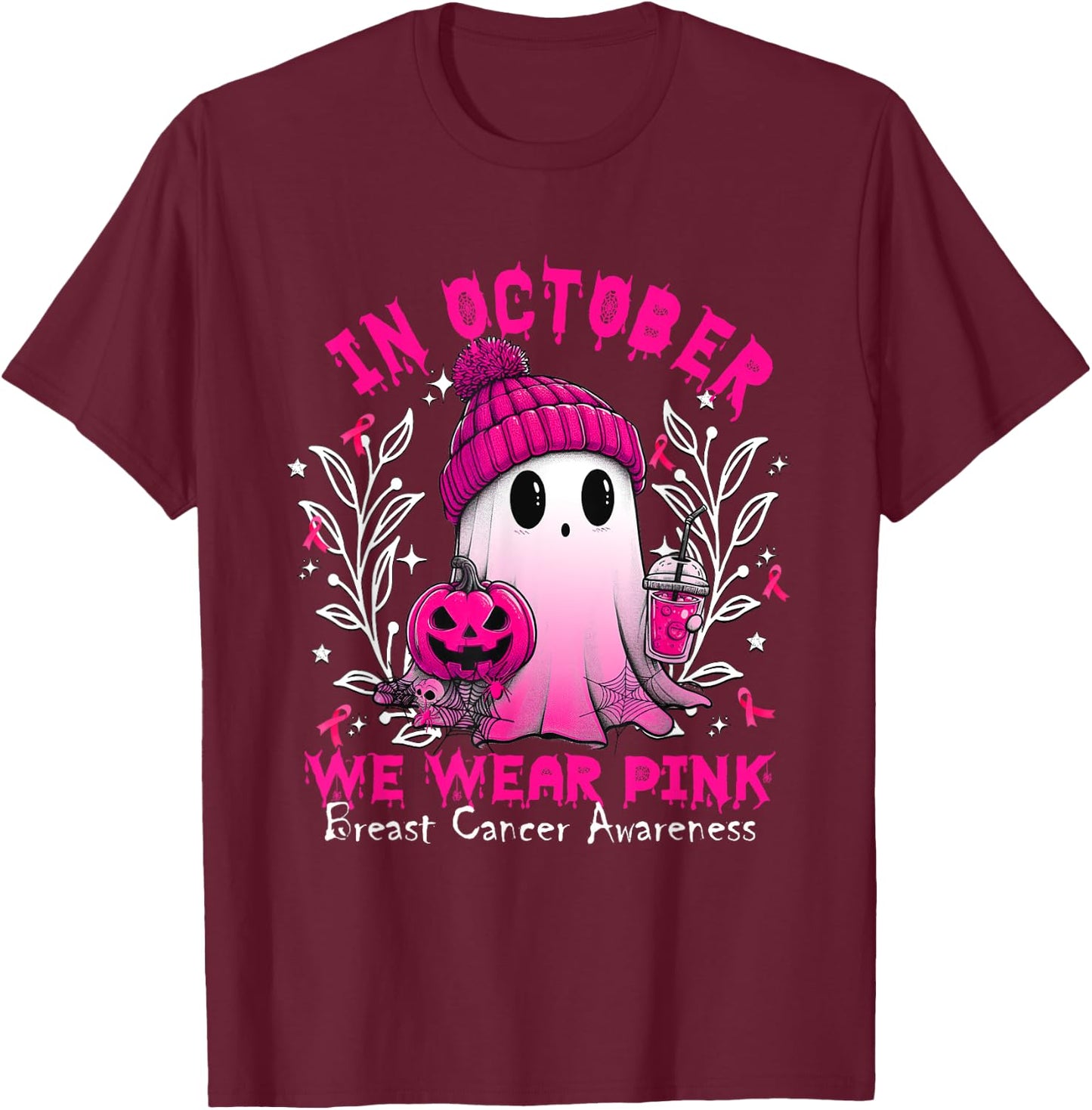 In October We Wear Pink Ghost Witch Breast Cancer Awareness T-Shirt - T-Shirt | Maroon