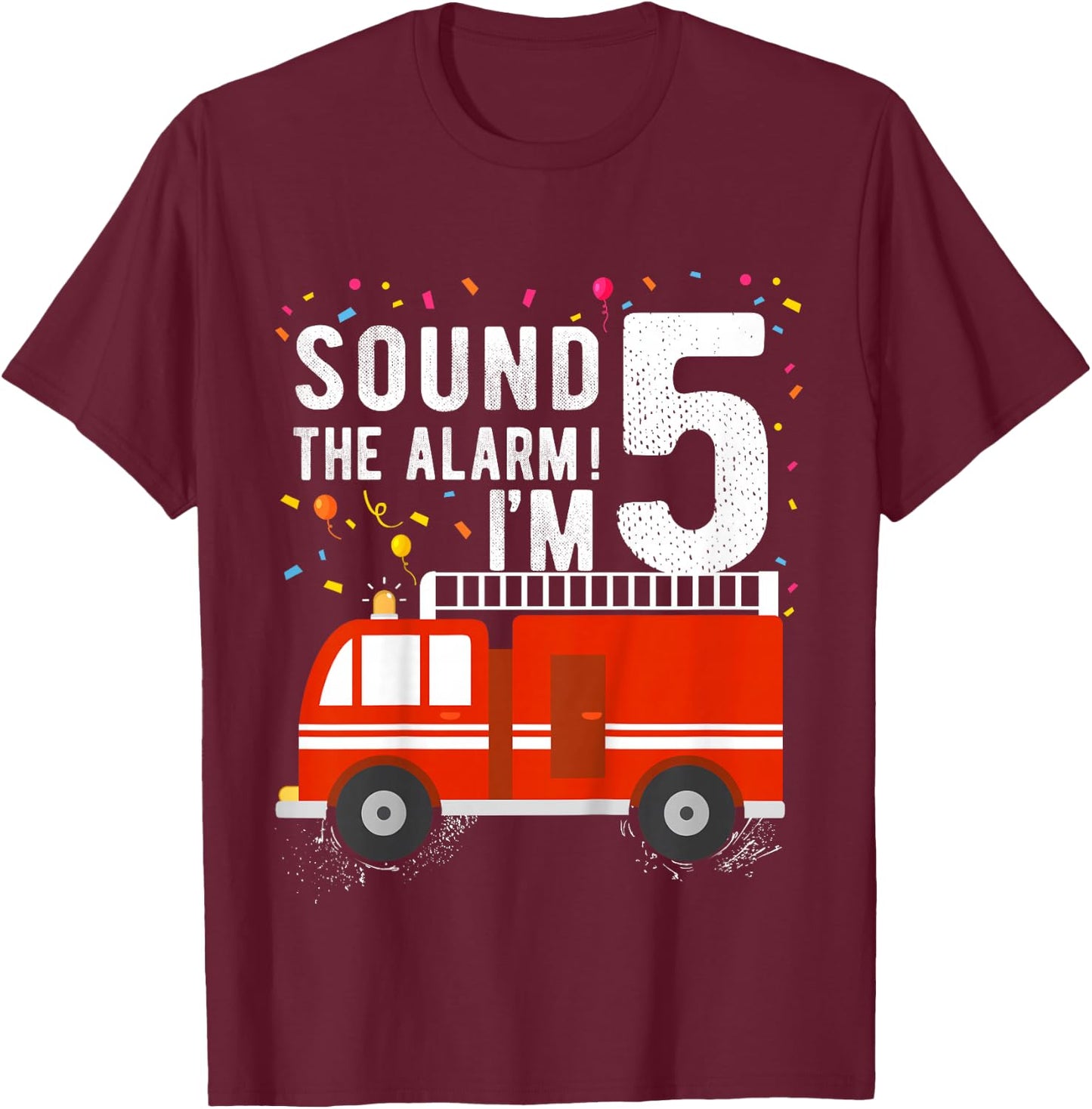 Fire Truck 5th Birthday Boy 5 Year Old Firefighter T-Shirt - T-Shirt | Maroon