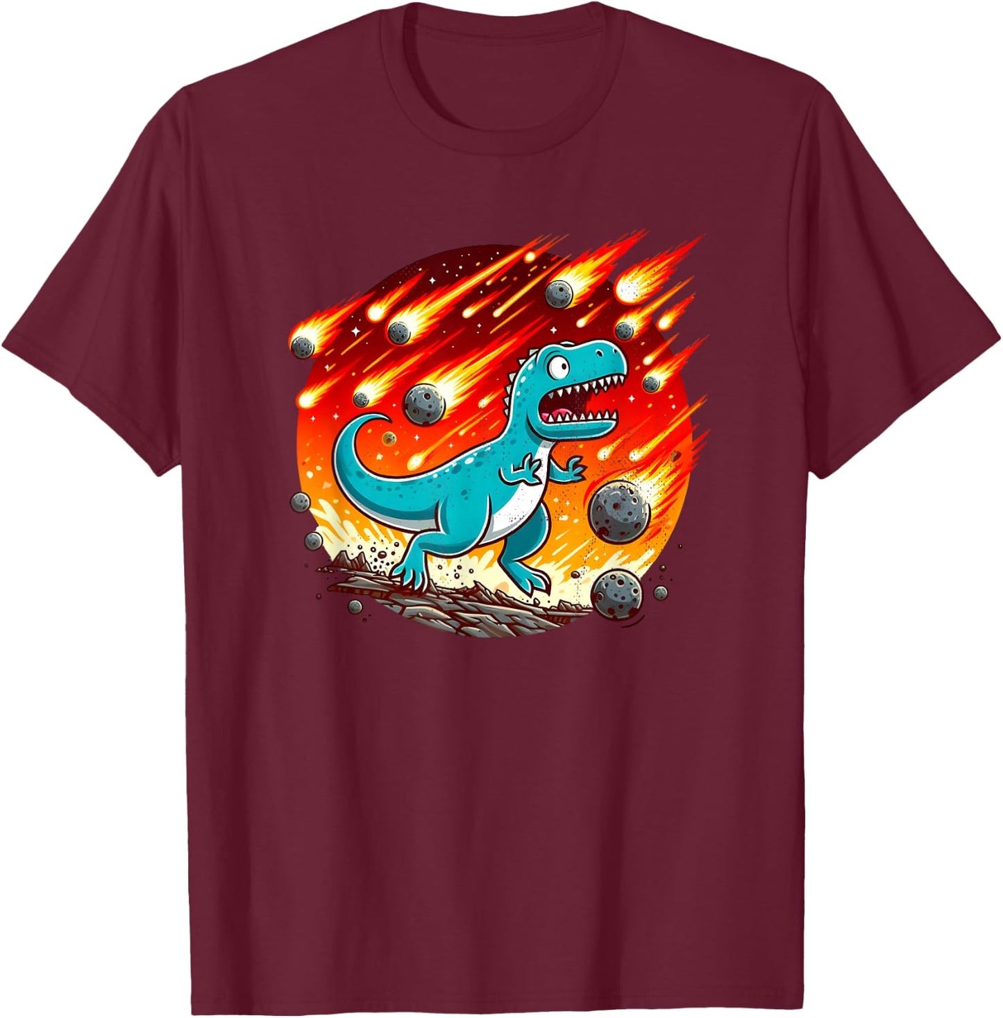 Dinosaur Running from Meteor Shower - Paleontologist T-Shirt - T-Shirt | Maroon