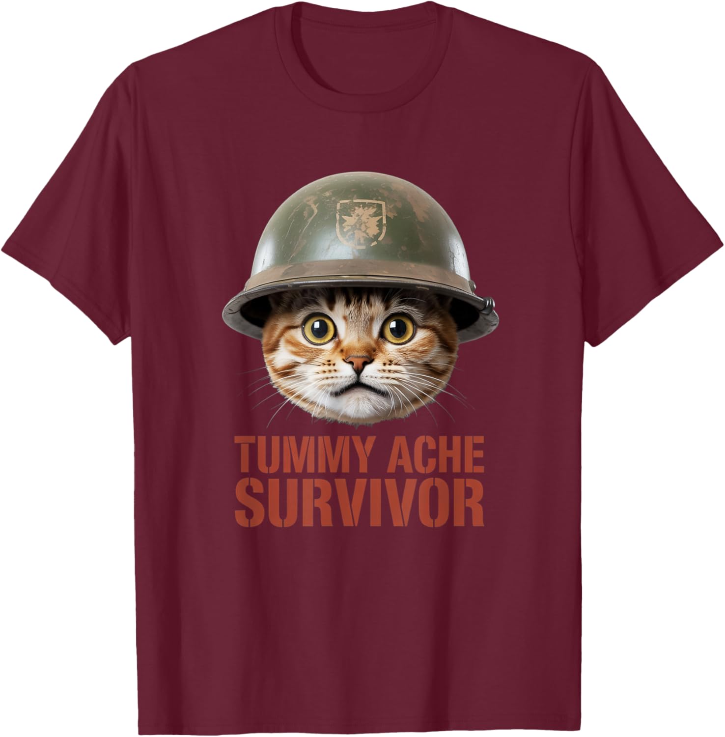 Tummy Ache Survivor Cat Meme Graphic Funny Cat T-Shirt - T-Shirt | Maroon
