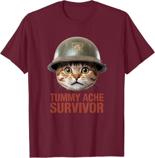 Tummy Ache Survivor Cat Meme Graphic Funny Cat T-Shirt - T-Shirt | Maroon