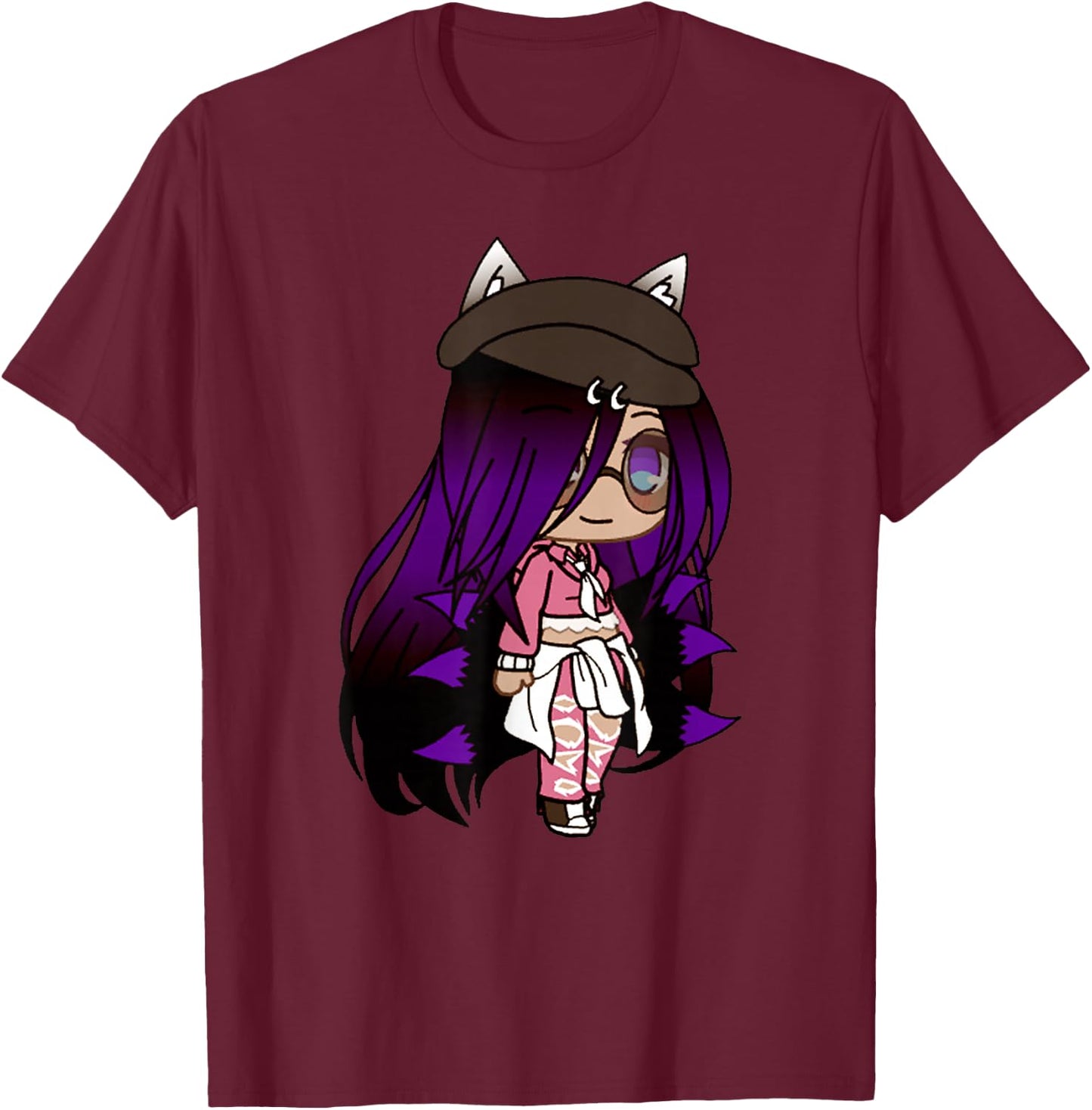 Cute Chibi Style Kawaii Anime Girl with Fox Ears and Tails T-Shirt - T-Shirt | Maroon