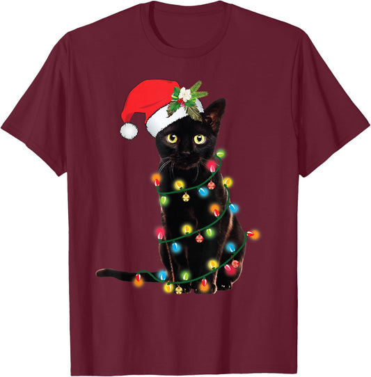 Santa Black Cat Tangled Up In Christmas Tree Lights Holiday T-Shirt - T-Shirt | Maroon
