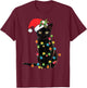 Santa Black Cat Tangled Up In Christmas Tree Lights Holiday T-Shirt - T-Shirt | Maroon