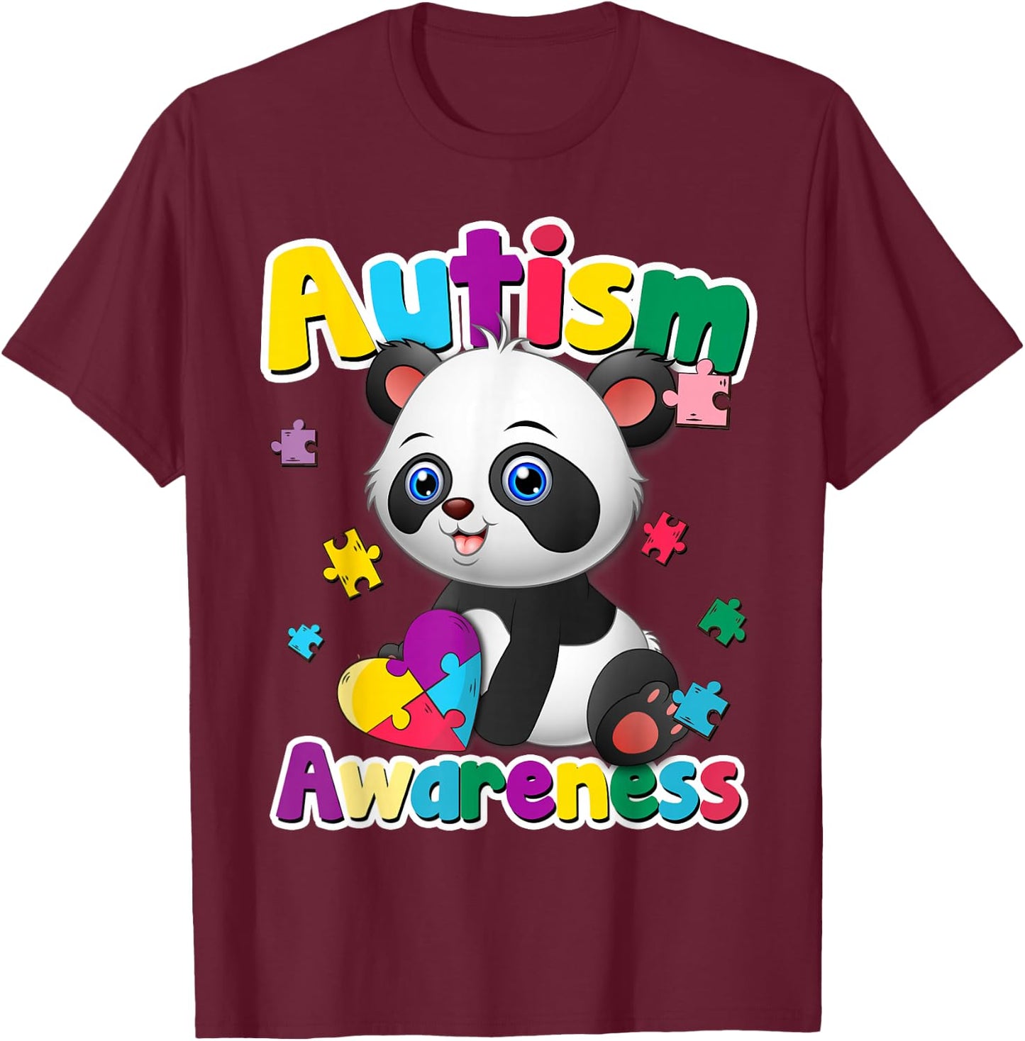 Autism Awareness Panda Puzzle Pieces Colors Gift T-Shirt - T-Shirt | Maroon