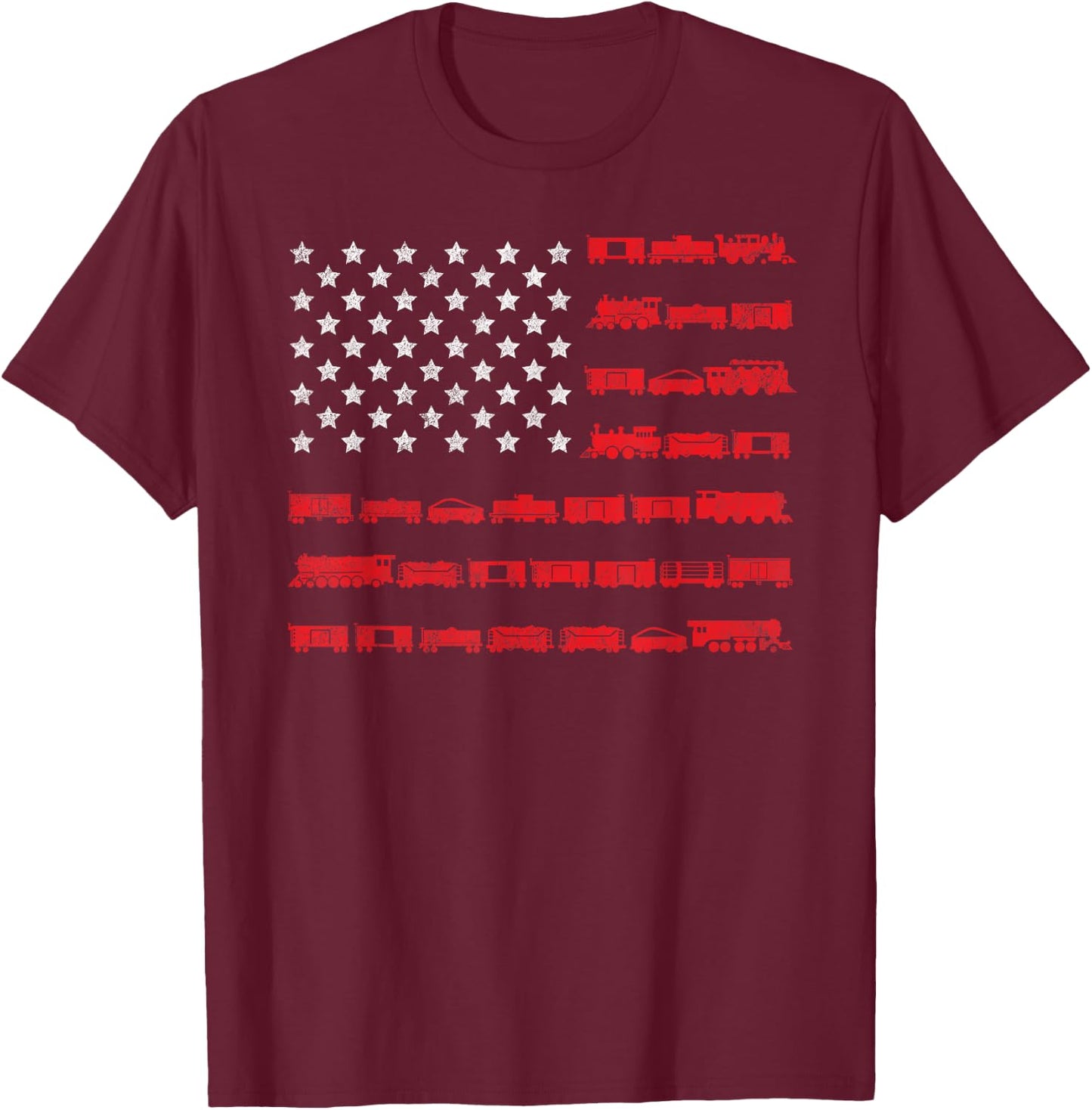 American Flag Railroad Train Gift T-Shirt - T-Shirt | Maroon
