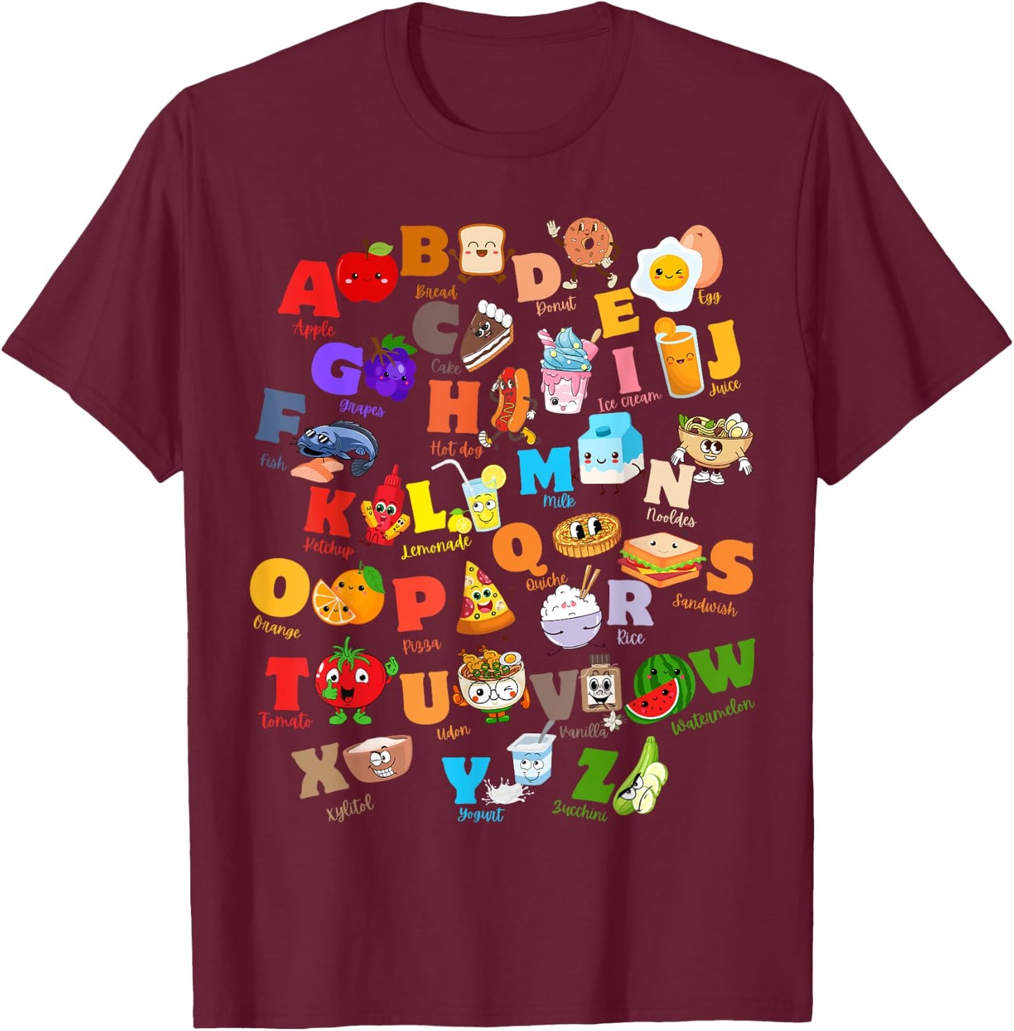 Funny Fruit And Foodie Alphabet ABCs Kindergarten Teacher T-Shirt - T-Shirt | Maroon