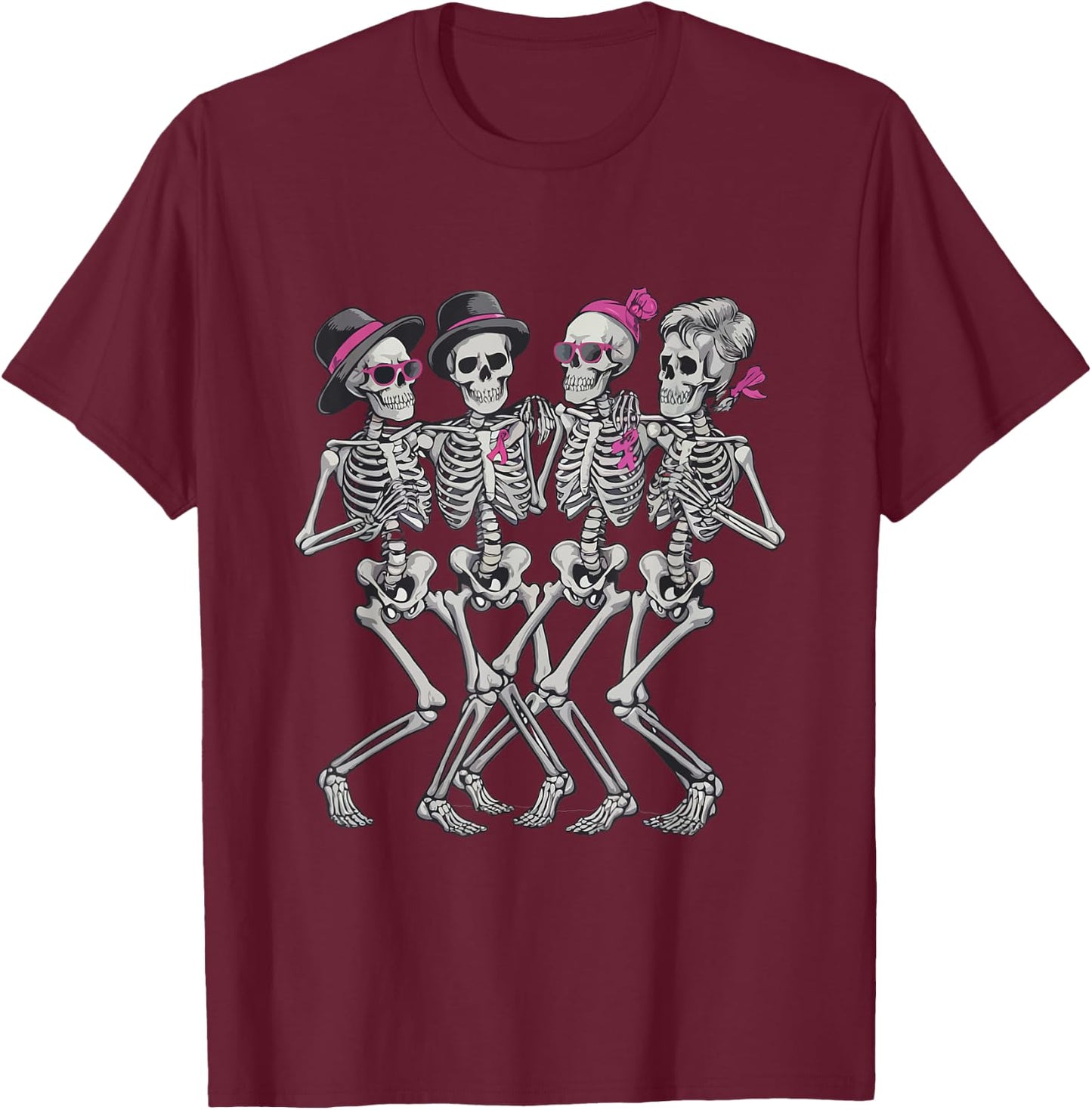 Pink Ribbon Skeleton Halloween Breast Cancer Awareness T-Shirt - T-Shirt | Maroon