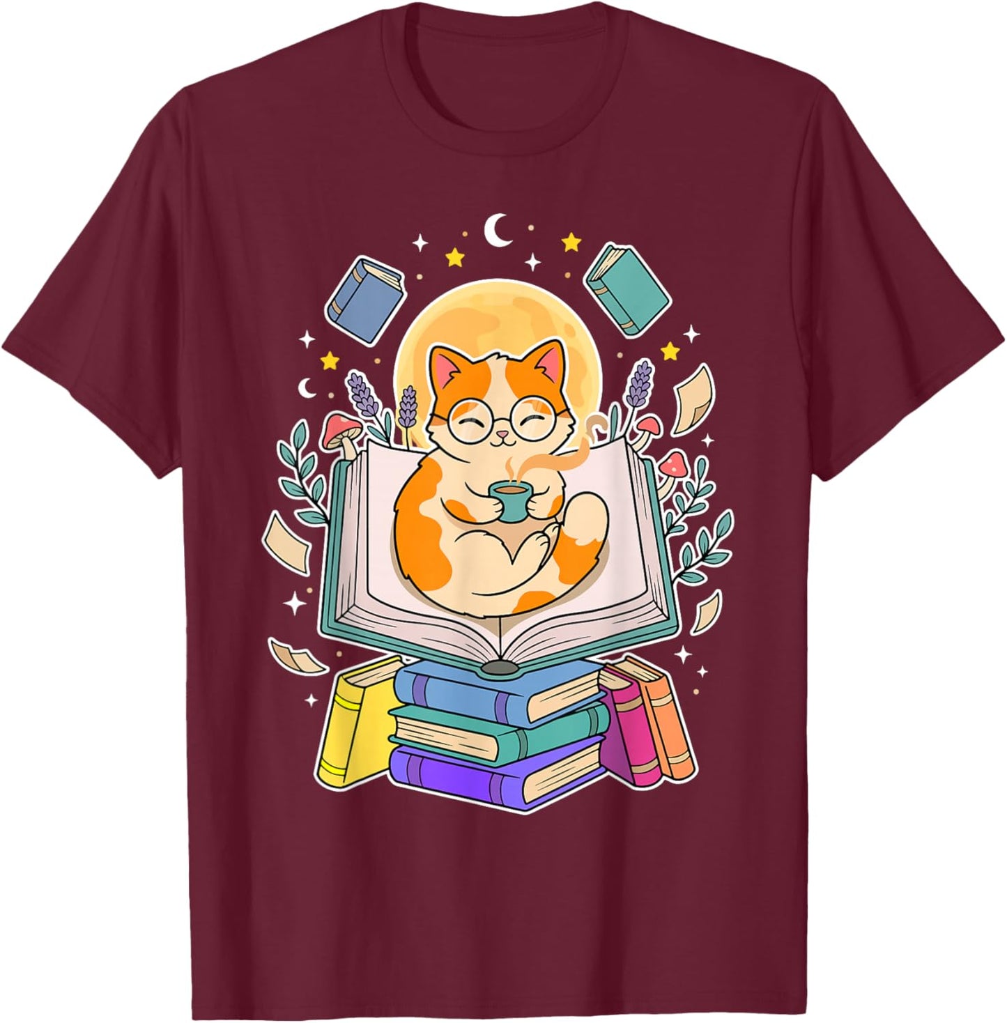 Cat Reading Book Lover Coffee Books Teacher Librarian Cat T-Shirt - T-Shirt | Maroon