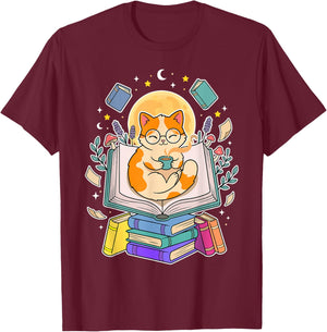Cat Reading Book Lover Coffee Books Teacher Librarian Cat T-Shirt - T-Shirt | Maroon