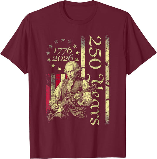 Vintage George Washington Playing Guitar 250 Years America T-Shirt - T-Shirt | Maroon