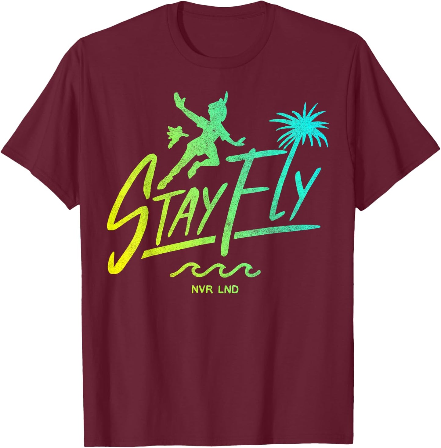 Disney Peter Pan Stay Fly Text Silhouette Poster T-Shirt - T-Shirt | Maroon