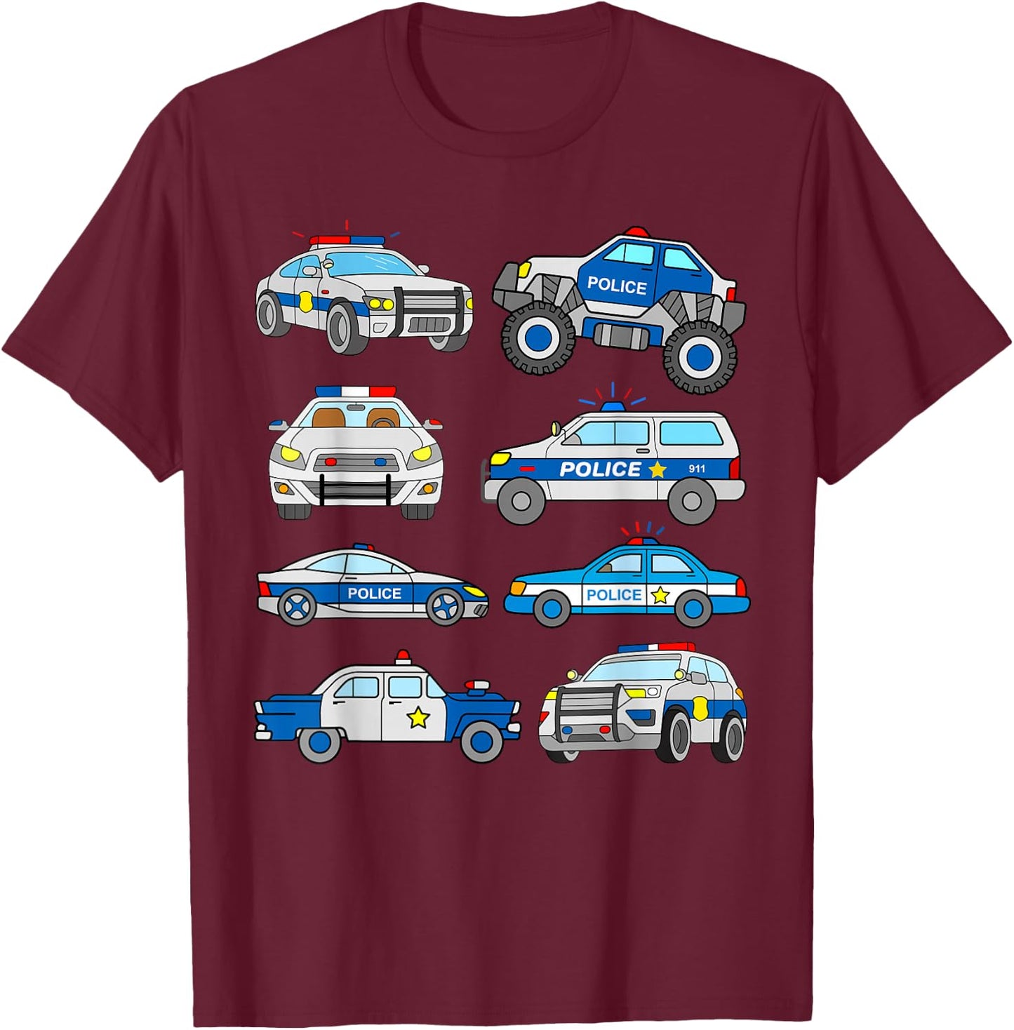 Police Vehicles for Kids Men Women Cop Cars Boys Toddler T-Shirt - T-Shirt | Maroon