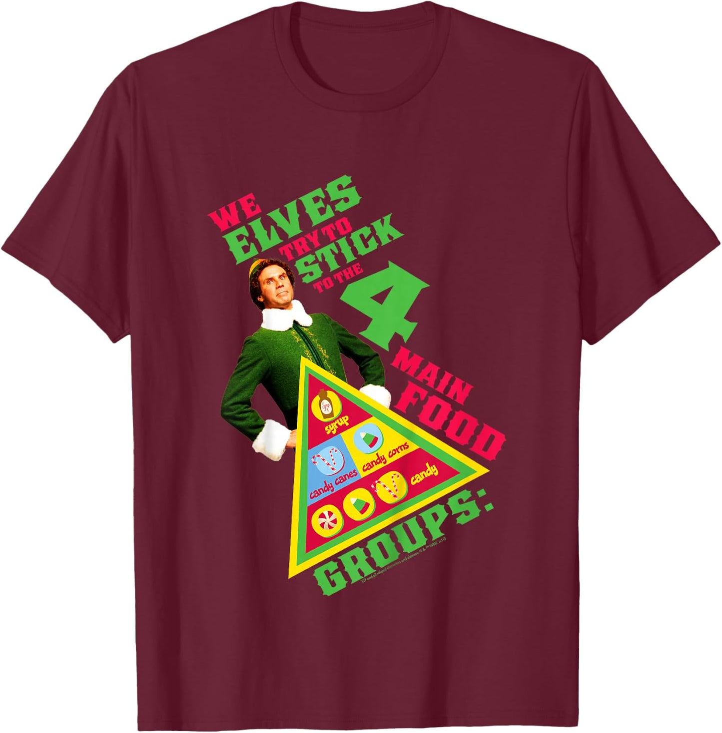 Kids Elf Buddy Four Main Food Group Pyramid Text Portrait T-Shirt - T-Shirt | Maroon