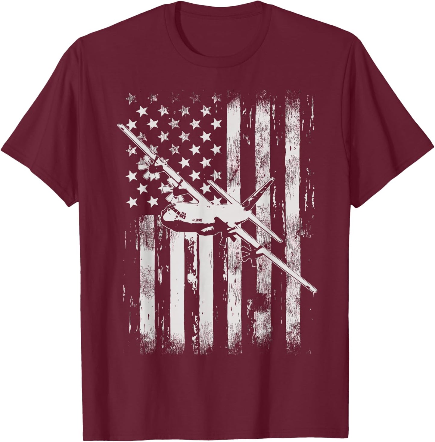 C-130 Hercules Military Aircraft American Flag T-Shirt - T-Shirt | Maroon