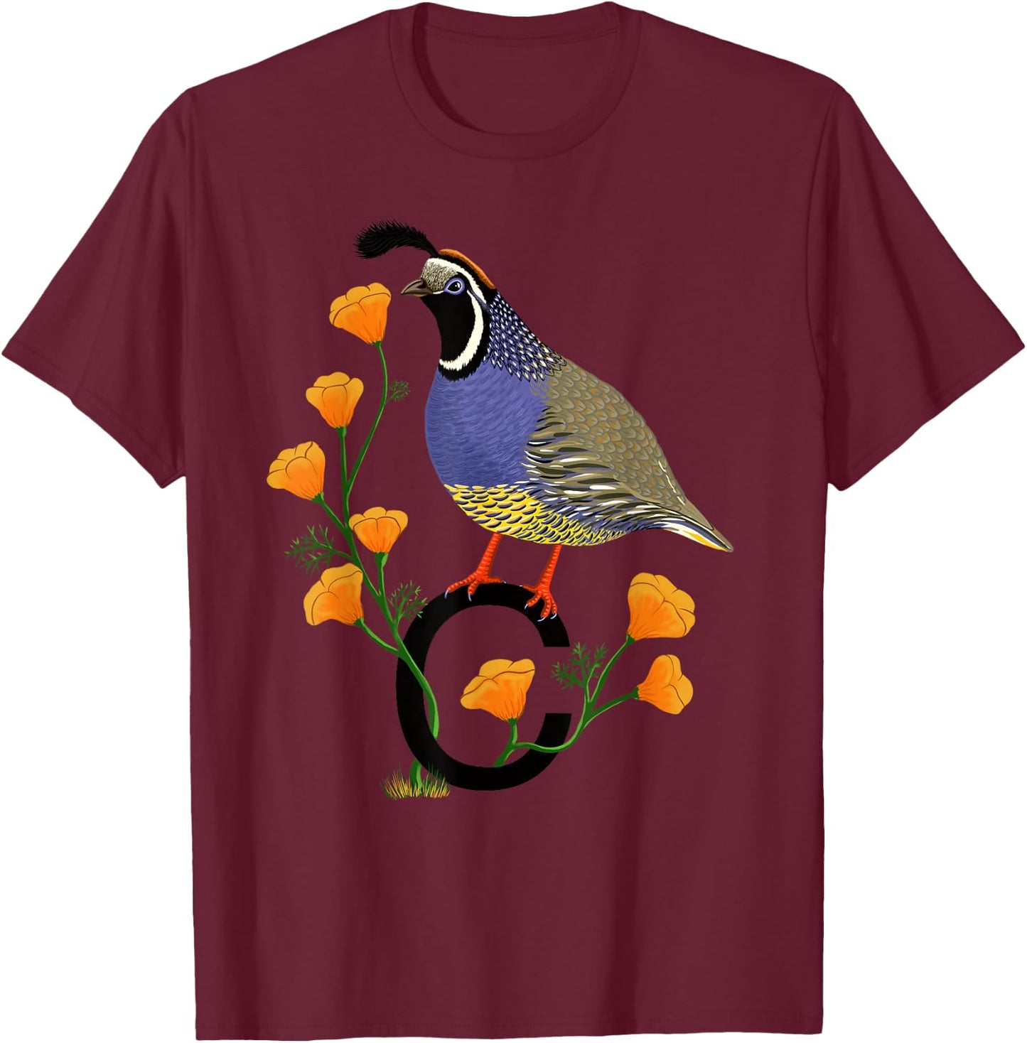 California Quail State Bird Californian Poppy Flowers T-Shirt - T-Shirt | Maroon