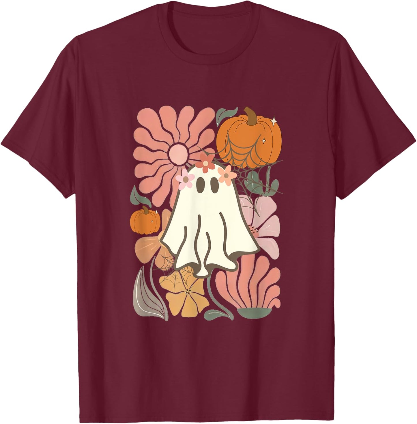 Boho Floral Fall Boho Ghost Cute Halloween girl T-Shirt - T-Shirt | Maroon