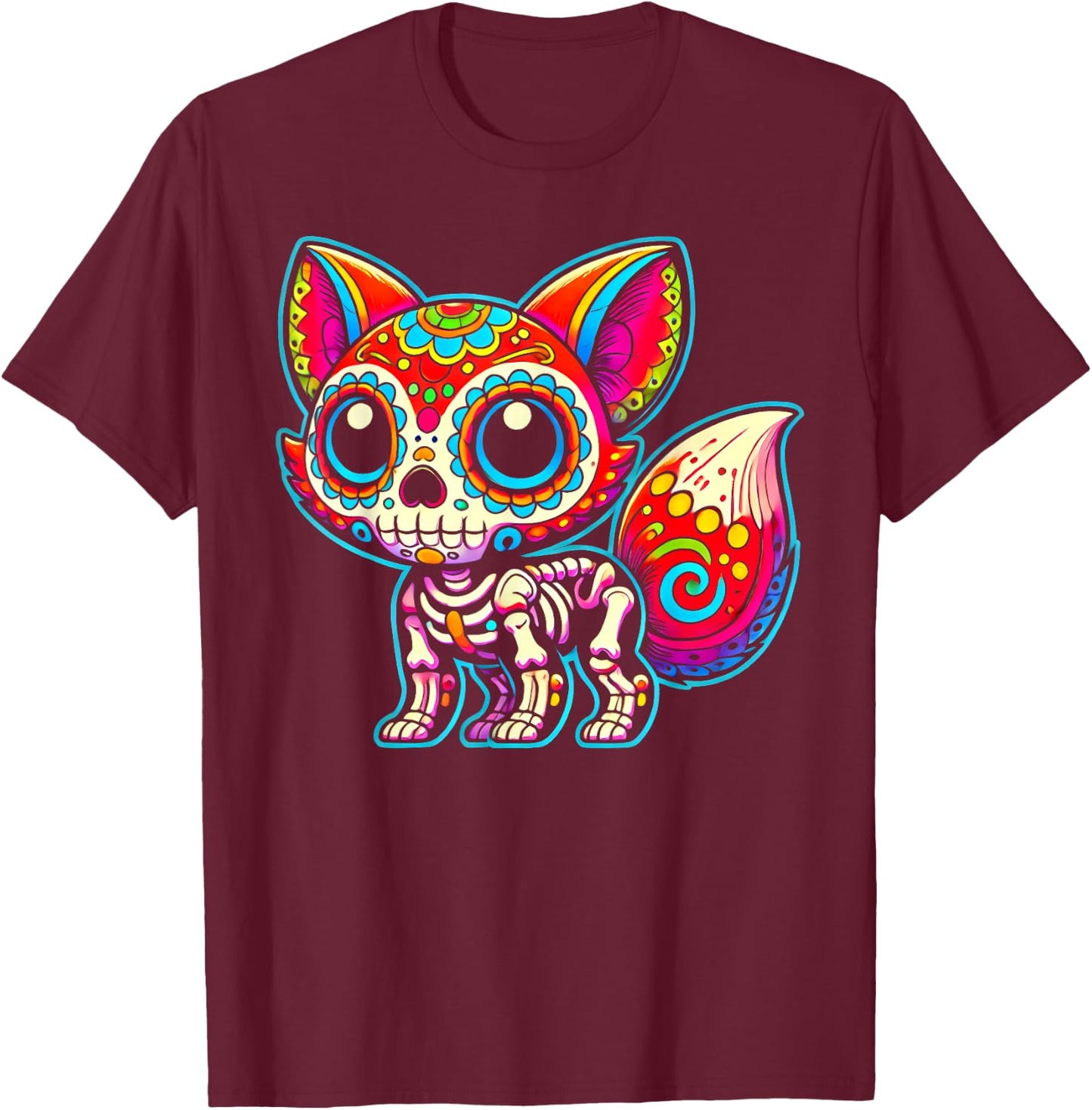 Colorful Sugar Skull Fox Day of the Dead Skeleton Art Lover T-Shirt - T-Shirt | Maroon