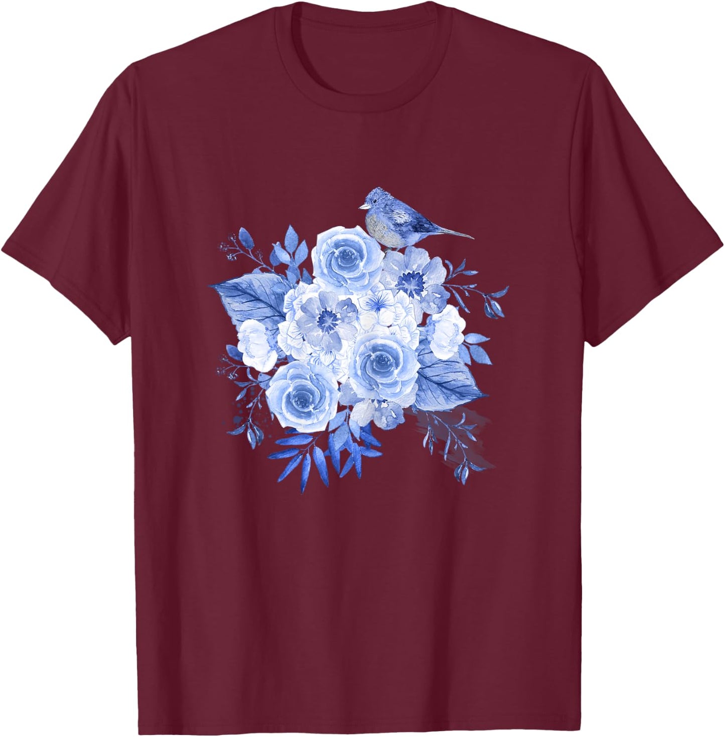 Blue flowers with bird floral design and Girl T-Shirt - T-Shirt | Maroon