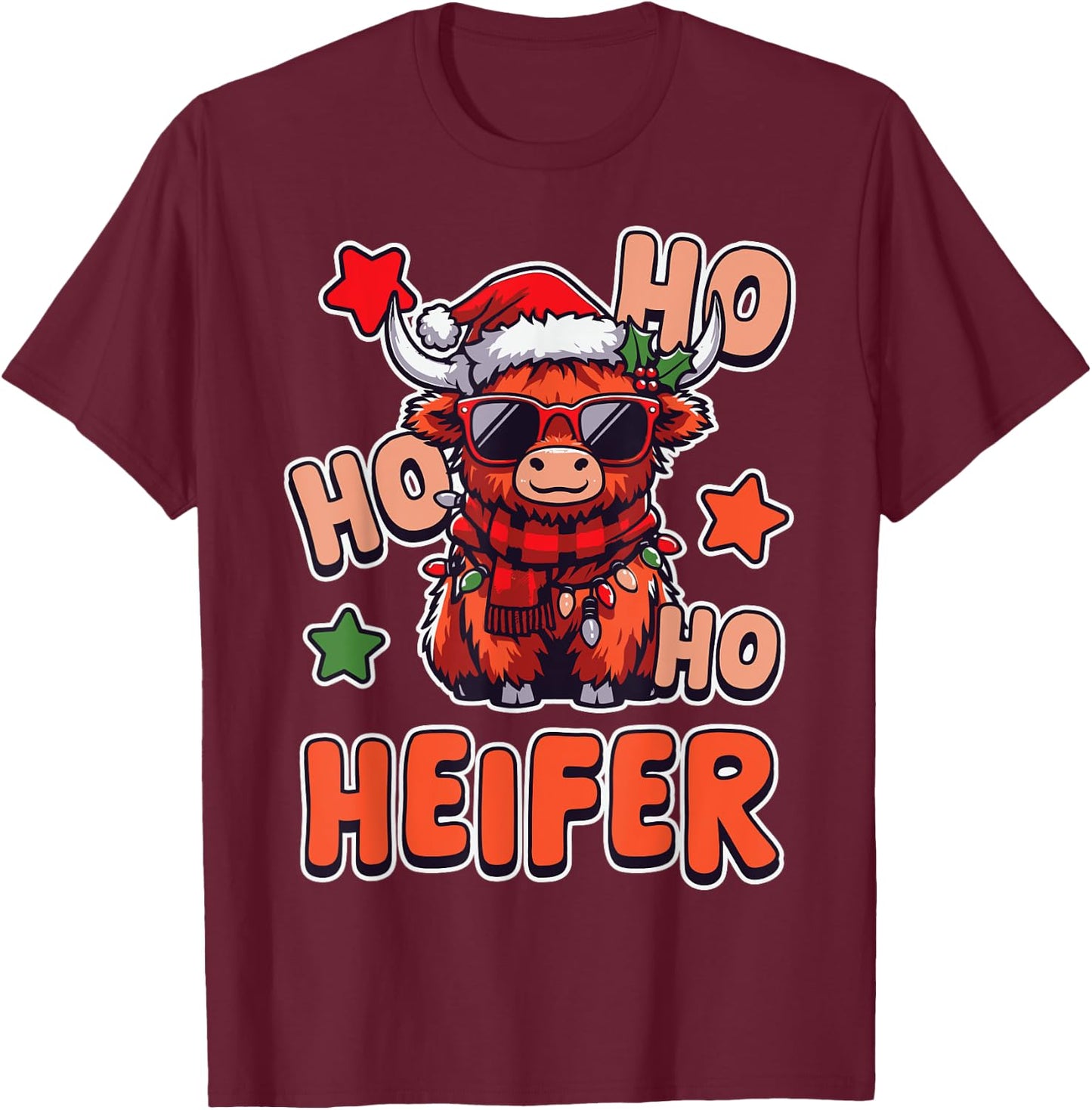 Ho Ho Ho Heifer Funny Christmas Highland Cow Holiday T-Shirt - T-Shirt | Maroon
