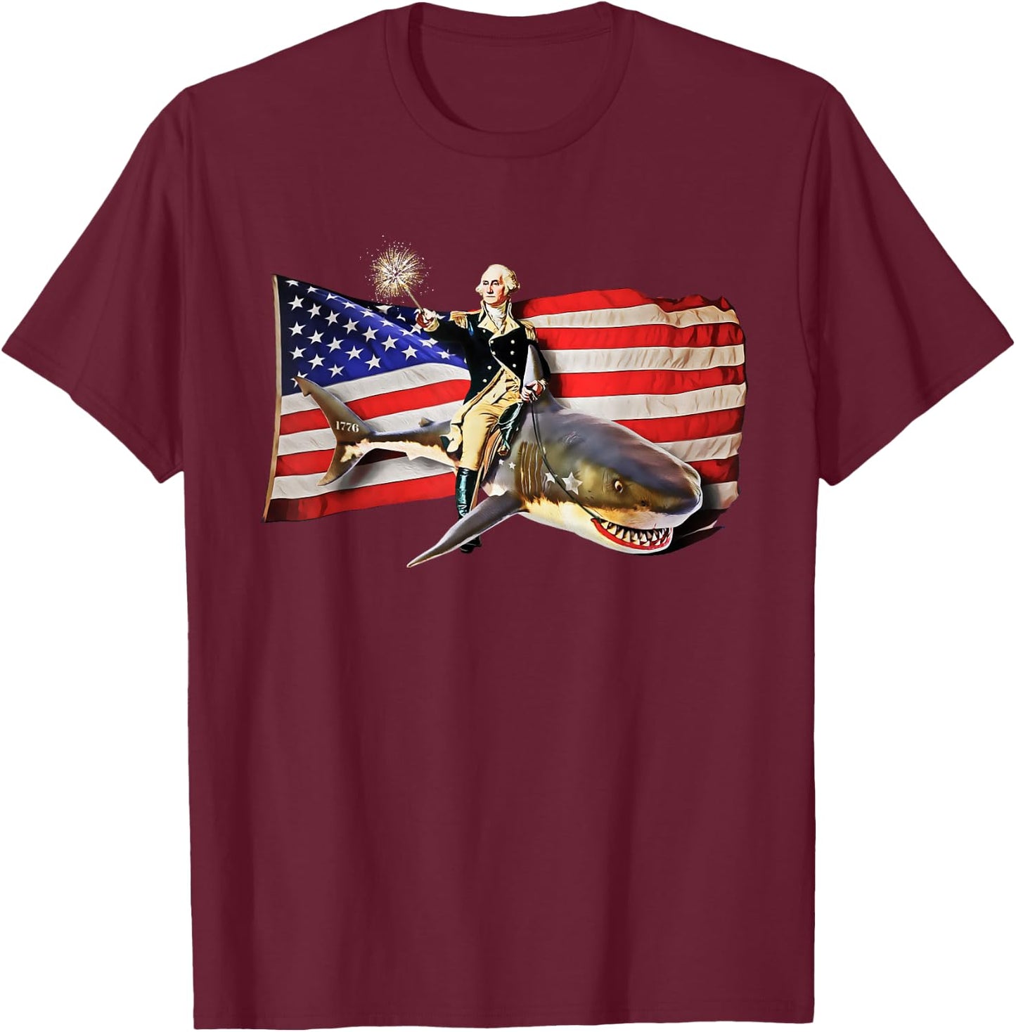 Washington Riding Shark Funny July 4th American Flag T-Shirt - T-Shirt | Maroon