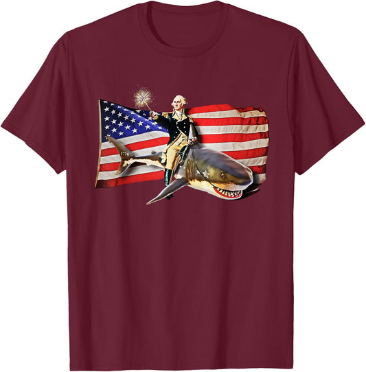Washington Riding Shark Funny July 4th American Flag T-Shirt - T-Shirt | Maroon