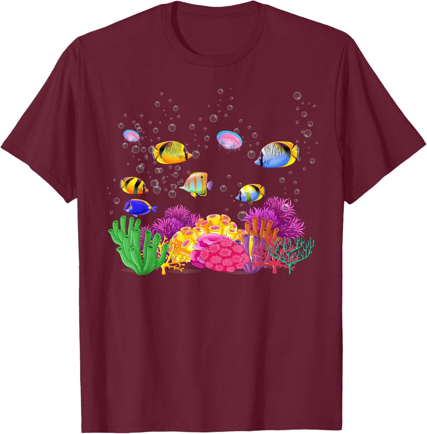 Colourful Tropical Fish on a Coral Reef T-Shirt - T-Shirt | Maroon