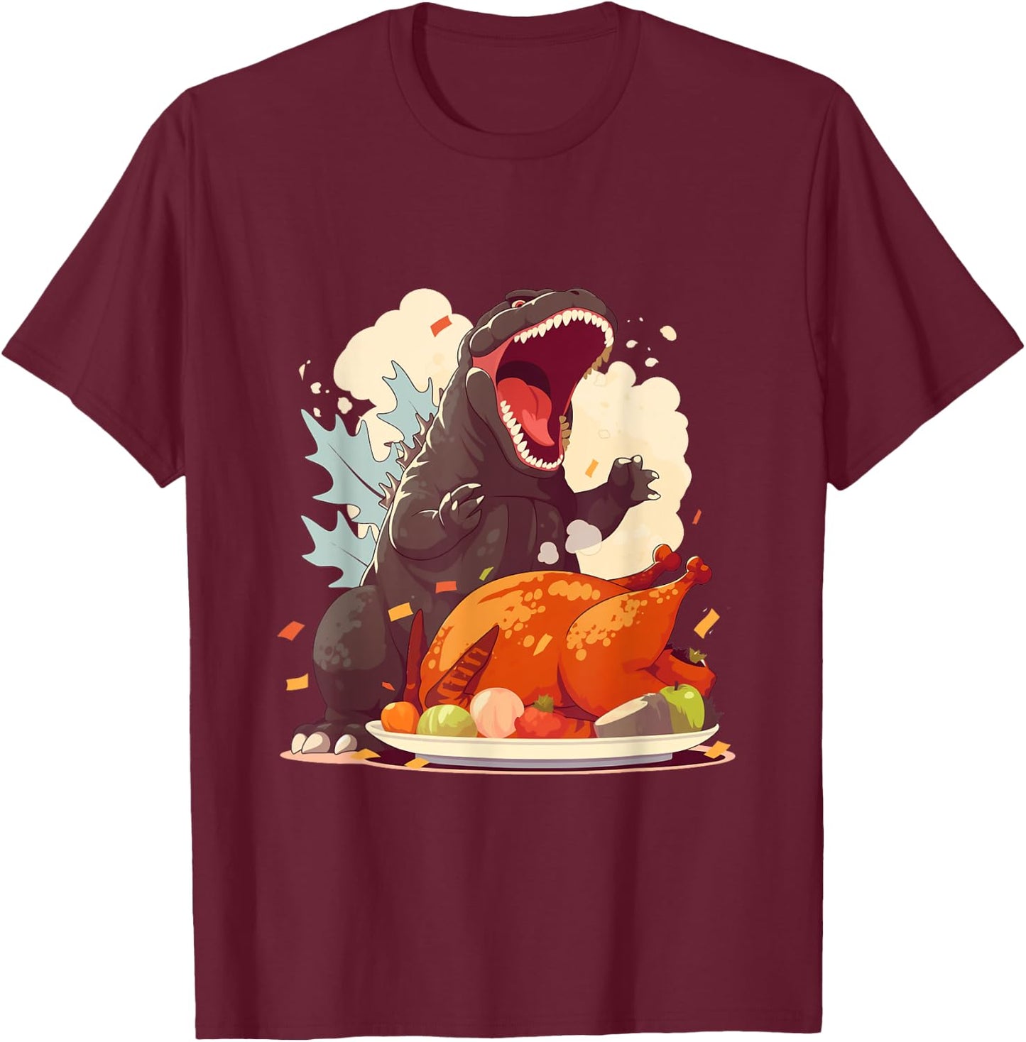 Kaiju Monsters Doing Everyday Things Hangry Kaiju Ready for Thanksgiving Turkey Feast -Adults T-Shirt - T-Shirt | Maroon