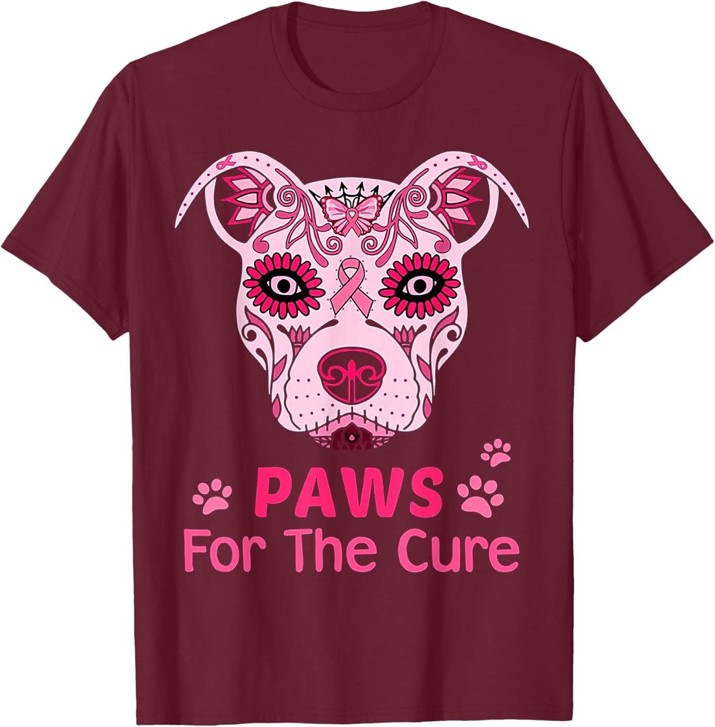 Paws For The Cure Pitbull Breast Cancer T-Shirt - T-Shirt | Maroon