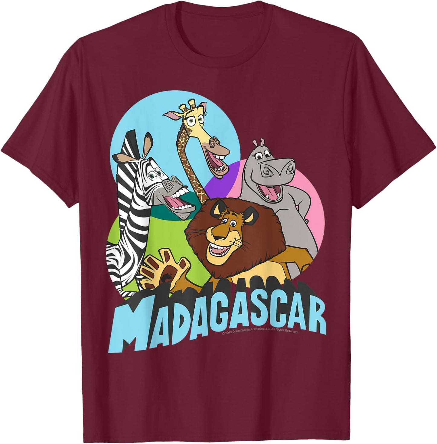Madagascar Cartoon Group Shot Pop Color Poster T-Shirt - T-Shirt | Maroon