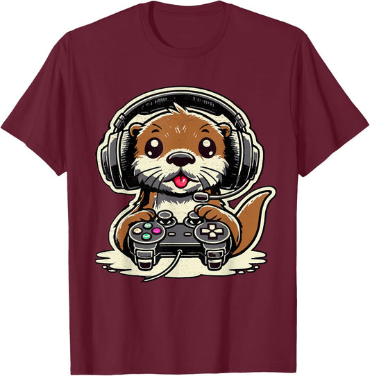 Funny Gaming Otter Gamer Sea Otter Lover Animal Video Game T-Shirt - T-Shirt | Maroon