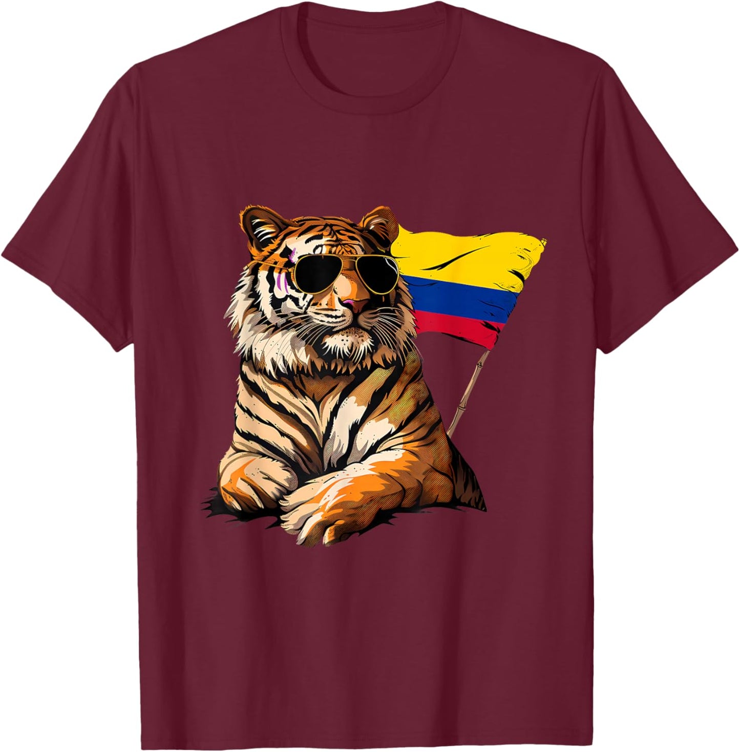 Colombia Tiger Colombian Flag Sunglasses Colombian Pride T-Shirt - T-Shirt | Maroon