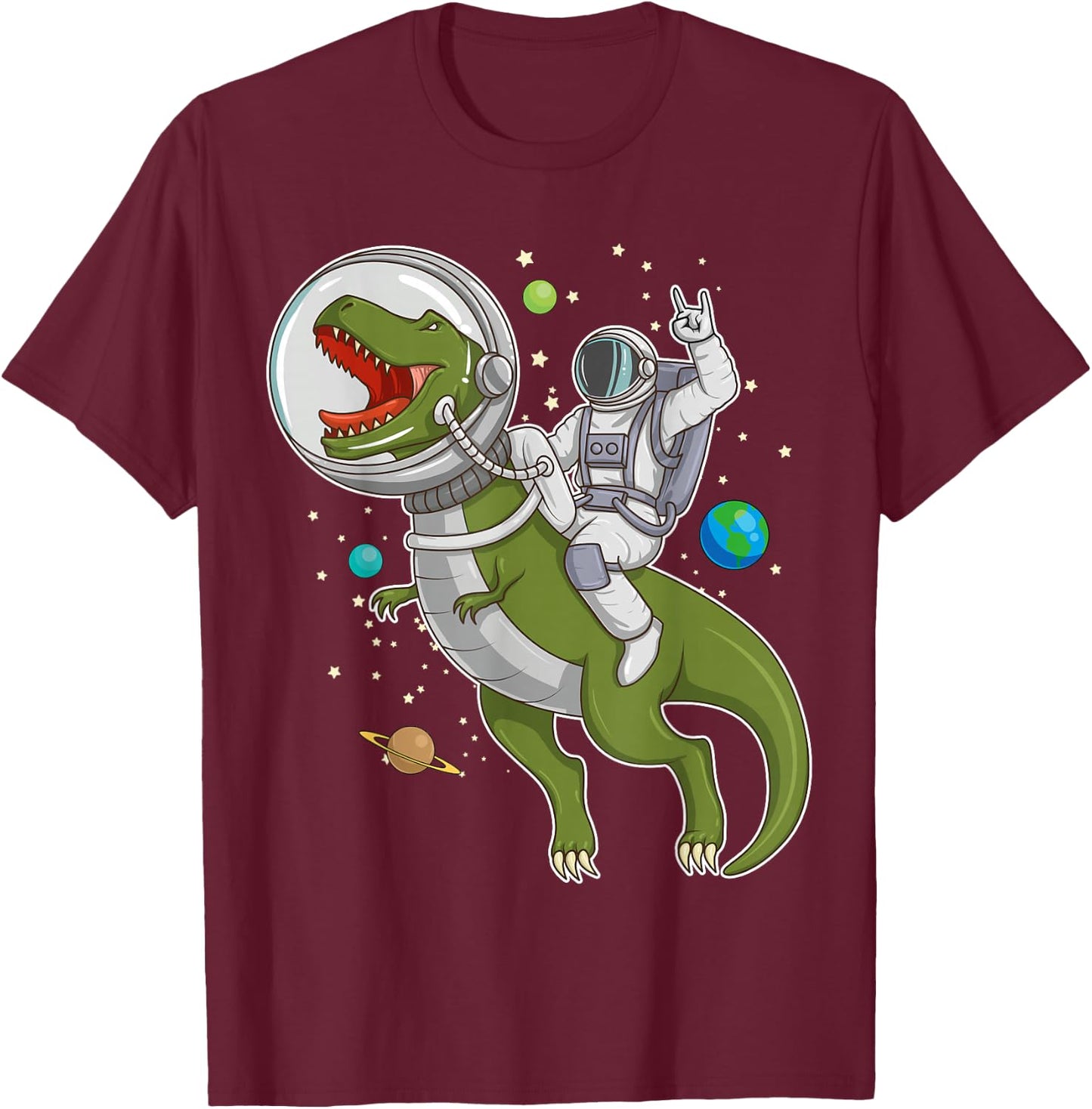 Astronaut Riding T-Rex Dinosaur Astro T-Rex Space Gift T-Shirt - T-Shirt | Maroon