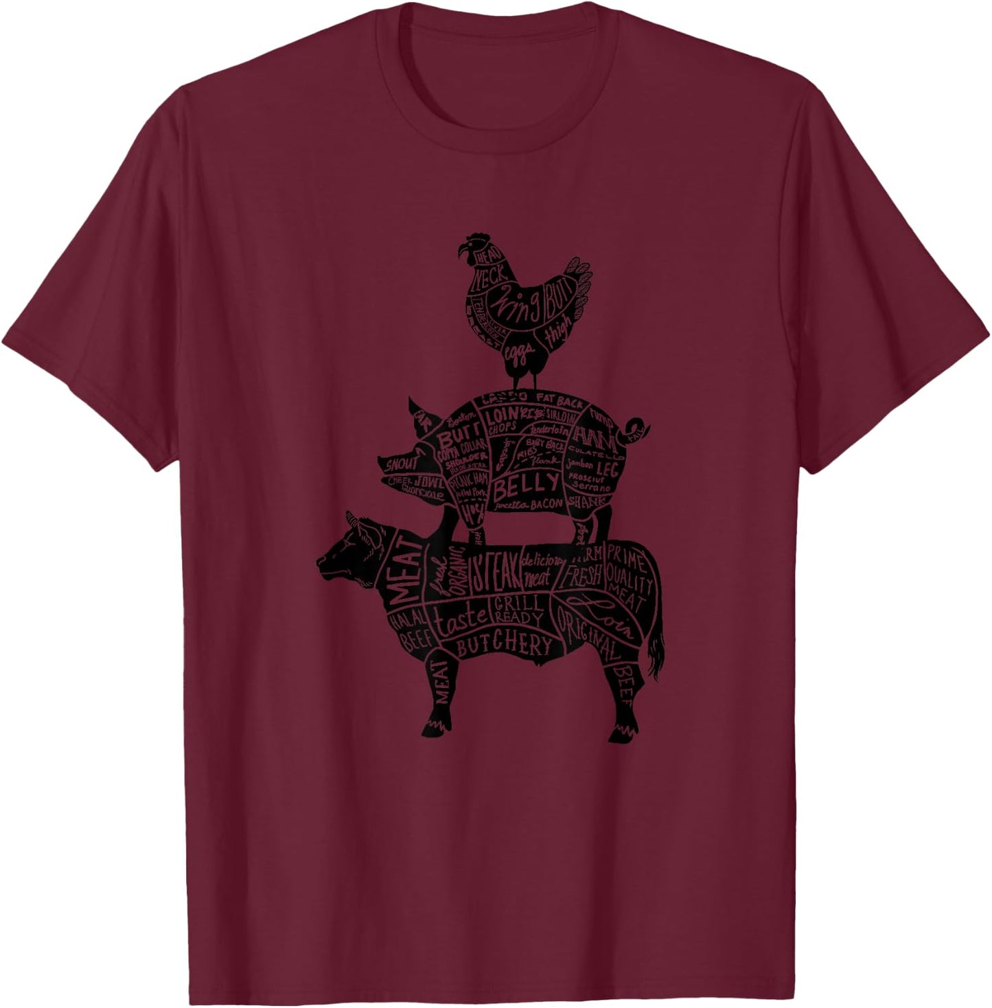Cow Pig Chicken Parts Retro Beef Pork Poultry Meat Cuts Gift T-Shirt - T-Shirt | Maroon