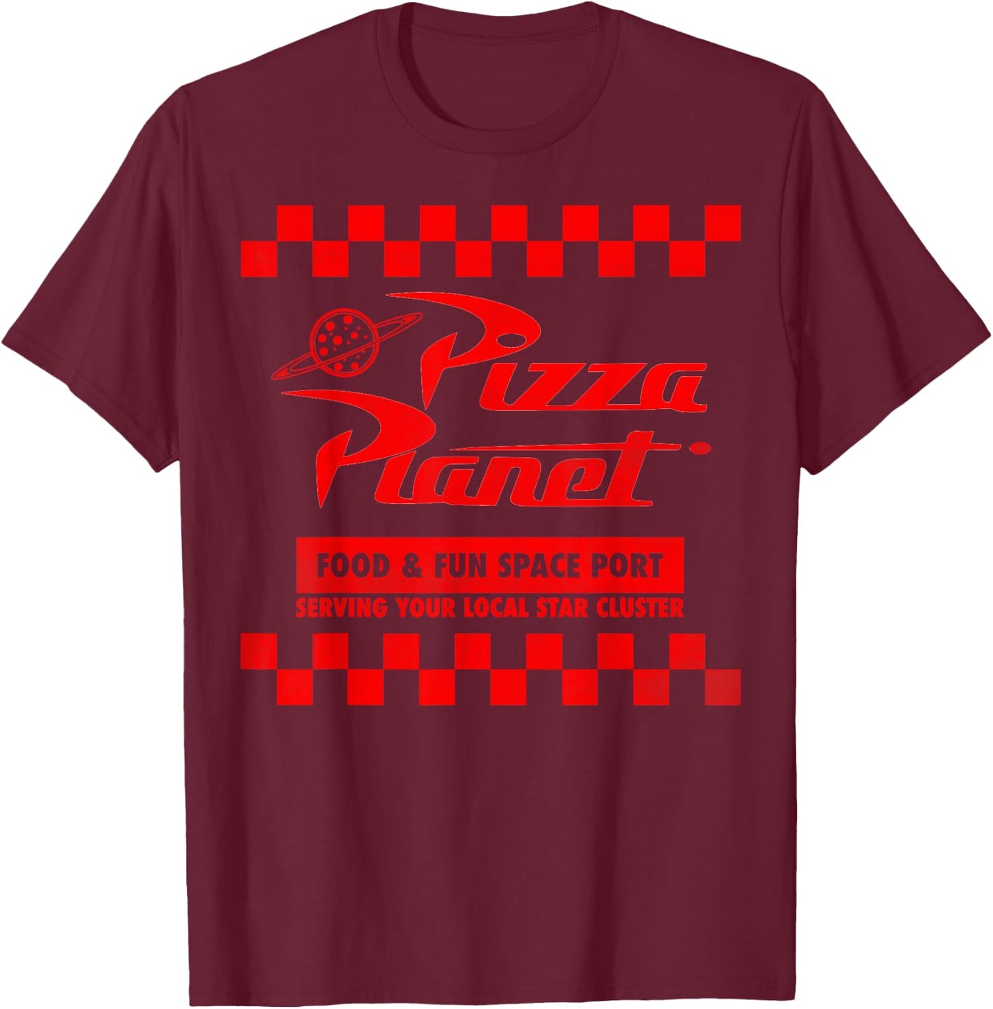 Disney Pixar Toy Story Pizza Planet Checkered Logo T-Shirt - T-Shirt | Maroon