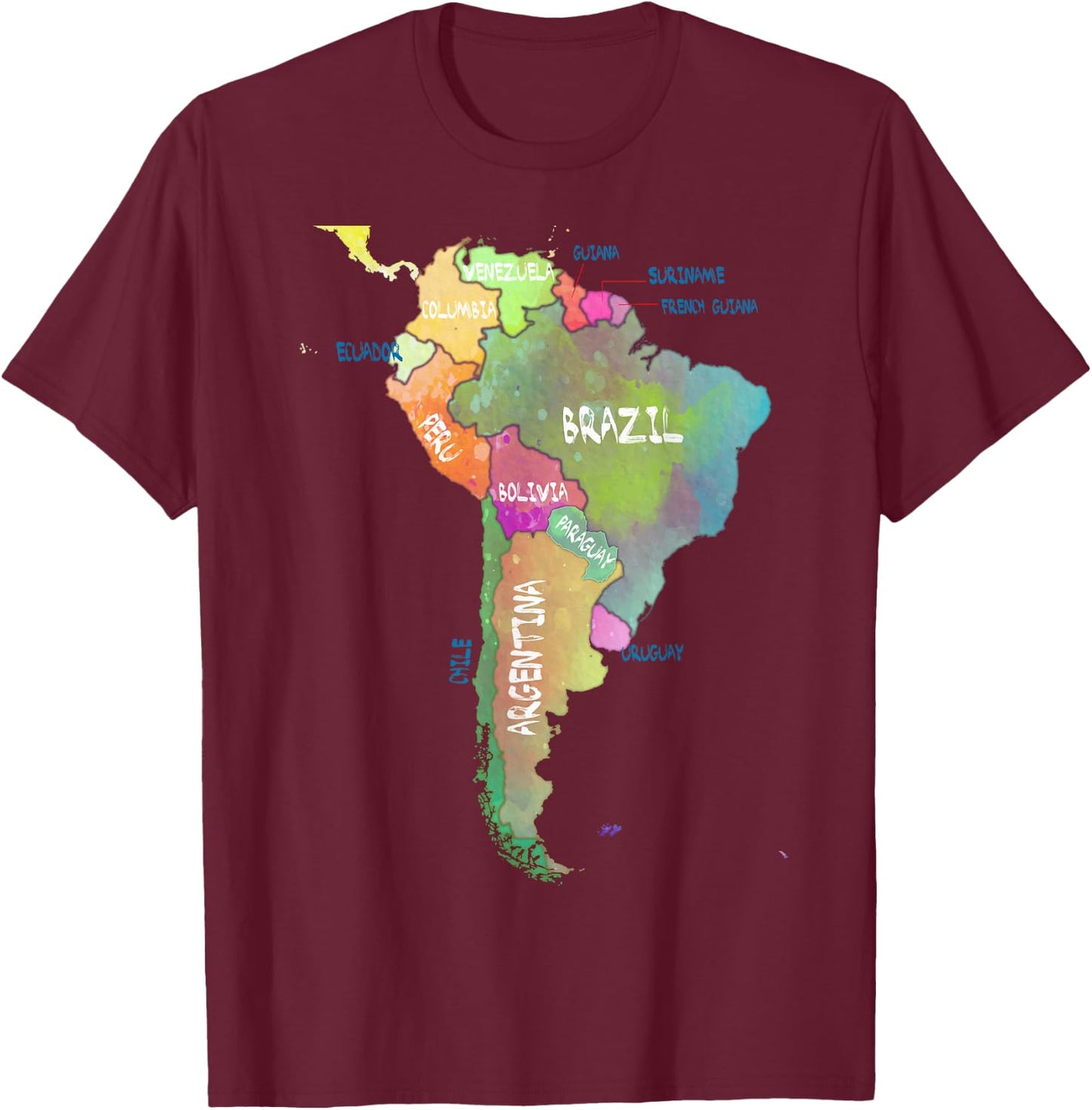 Watercolour map of South America Brazil Argentina T-Shirt - T-Shirt | Maroon