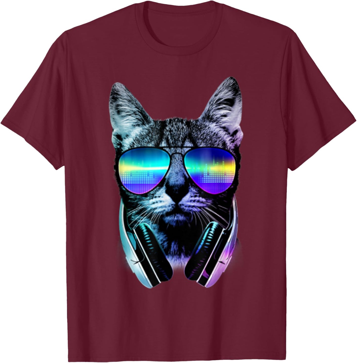 Dj Cat Headphones - Black, Small, , Cotton 100%, Short Sleeve, , Graphic, Modern, Casual, All Seasons, 1 Count T-Shirt - T-Shirt | Maroon