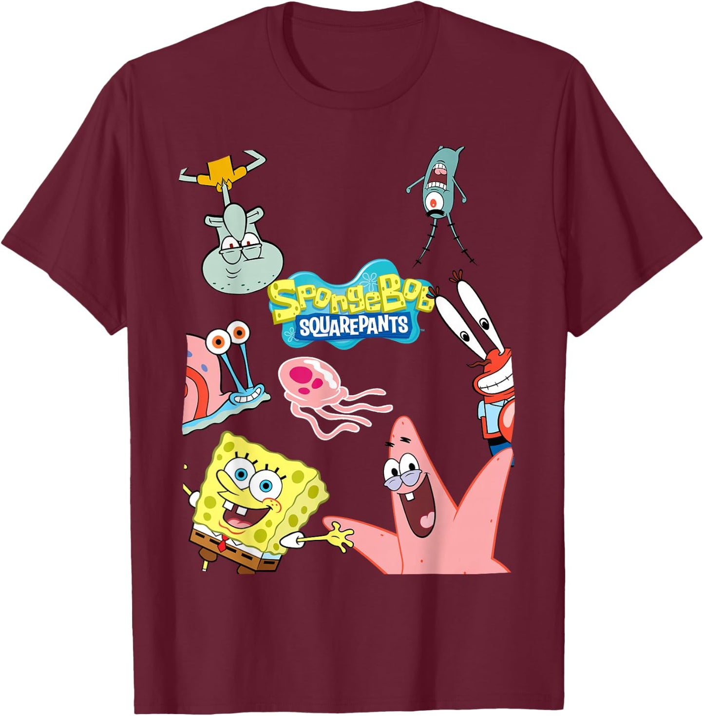 Spongebob Squarepants Logo with Friends T-Shirt - T-Shirt | Maroon