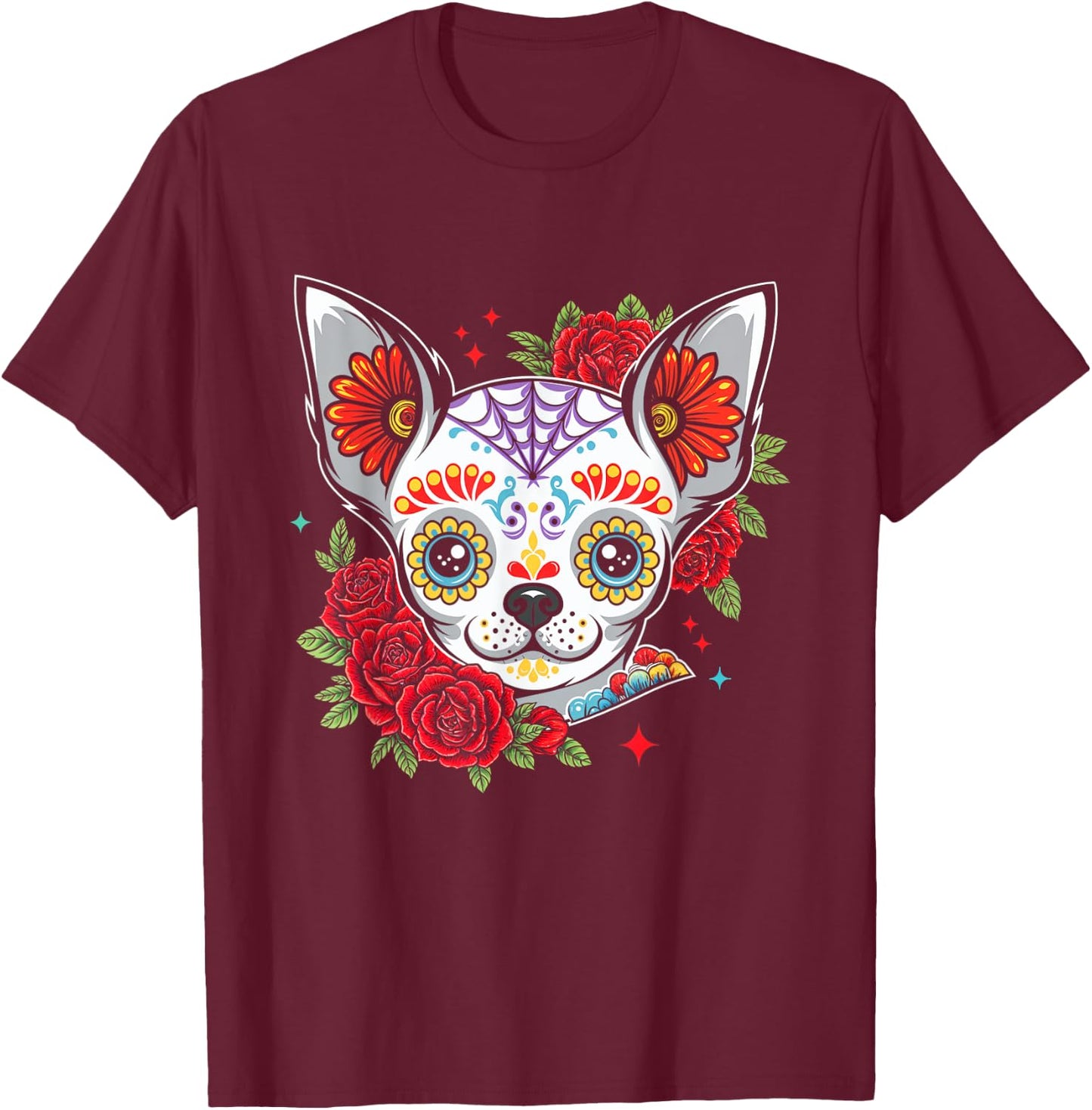 Chihuahua Floral Sugar Skull Dog T-Shirt - T-Shirt | Maroon