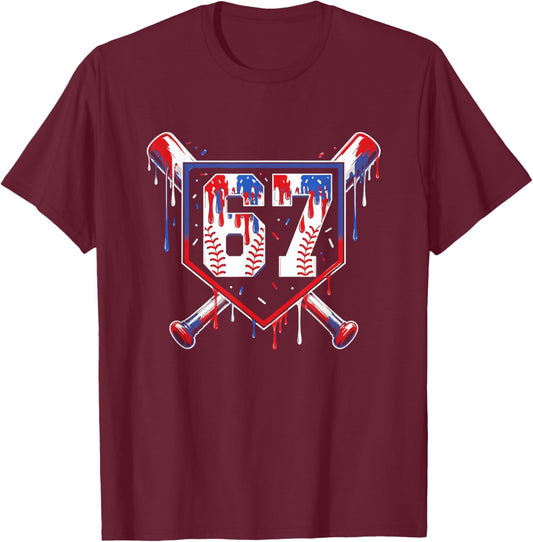 Summer Six Seven Baseball Dripping Red White Blue USA T-Shirt - T-Shirt | Maroon