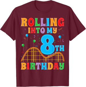 Rolling Into My 8th Birthday Roller Coaster 8 Years Old T-Shirt - T-Shirt | Maroon