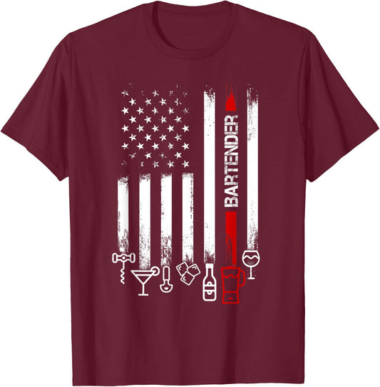 American Flag with Bartender men father T-Shirt - T-Shirt | Maroon