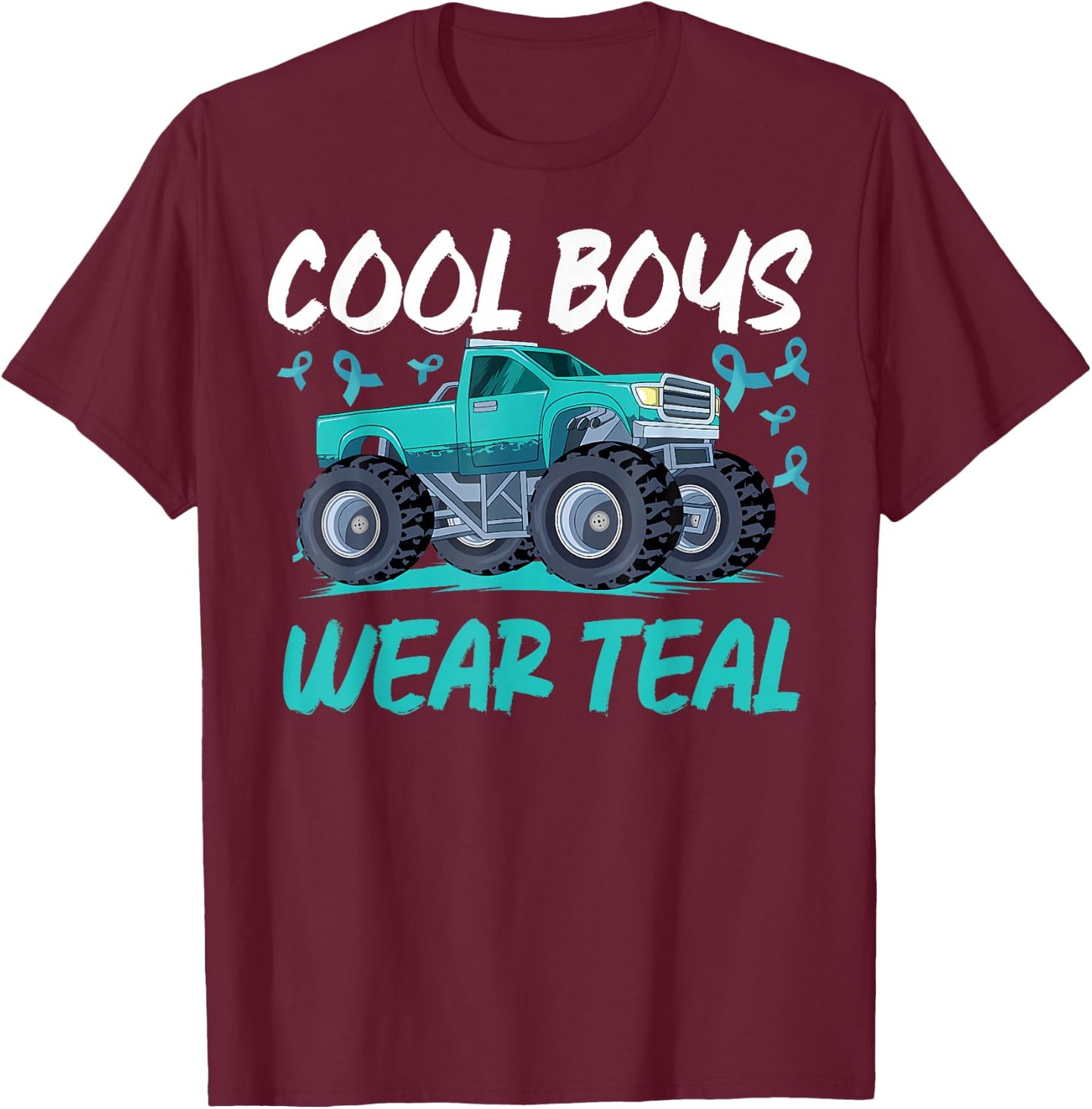 Monster Truck Teal Ribbon Cervical Cancer Awareness T-Shirt - T-Shirt | Maroon