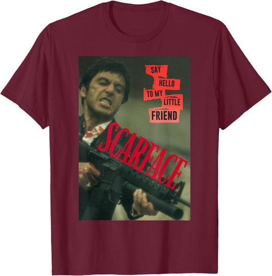 Scarface Say Hello to My Little Friend Photo T-Shirt - T-Shirt | Maroon
