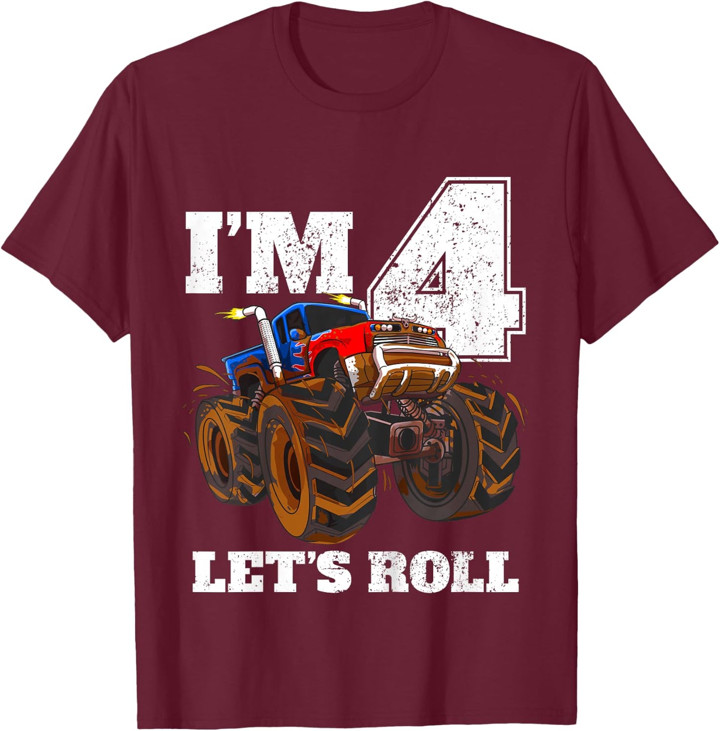 Kids Monster Truck 4th Birthday Boy 4 Four Year Old T-Shirt - T-Shirt | Maroon