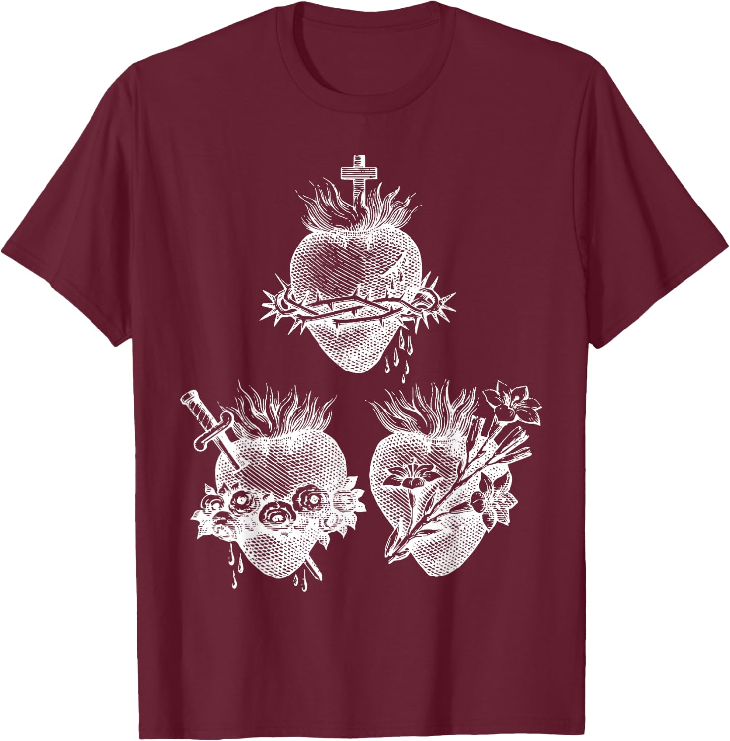 Sacred Heart of Jesus and Immaculate Heart of Mary Joseph 3W T-Shirt - T-Shirt | Maroon