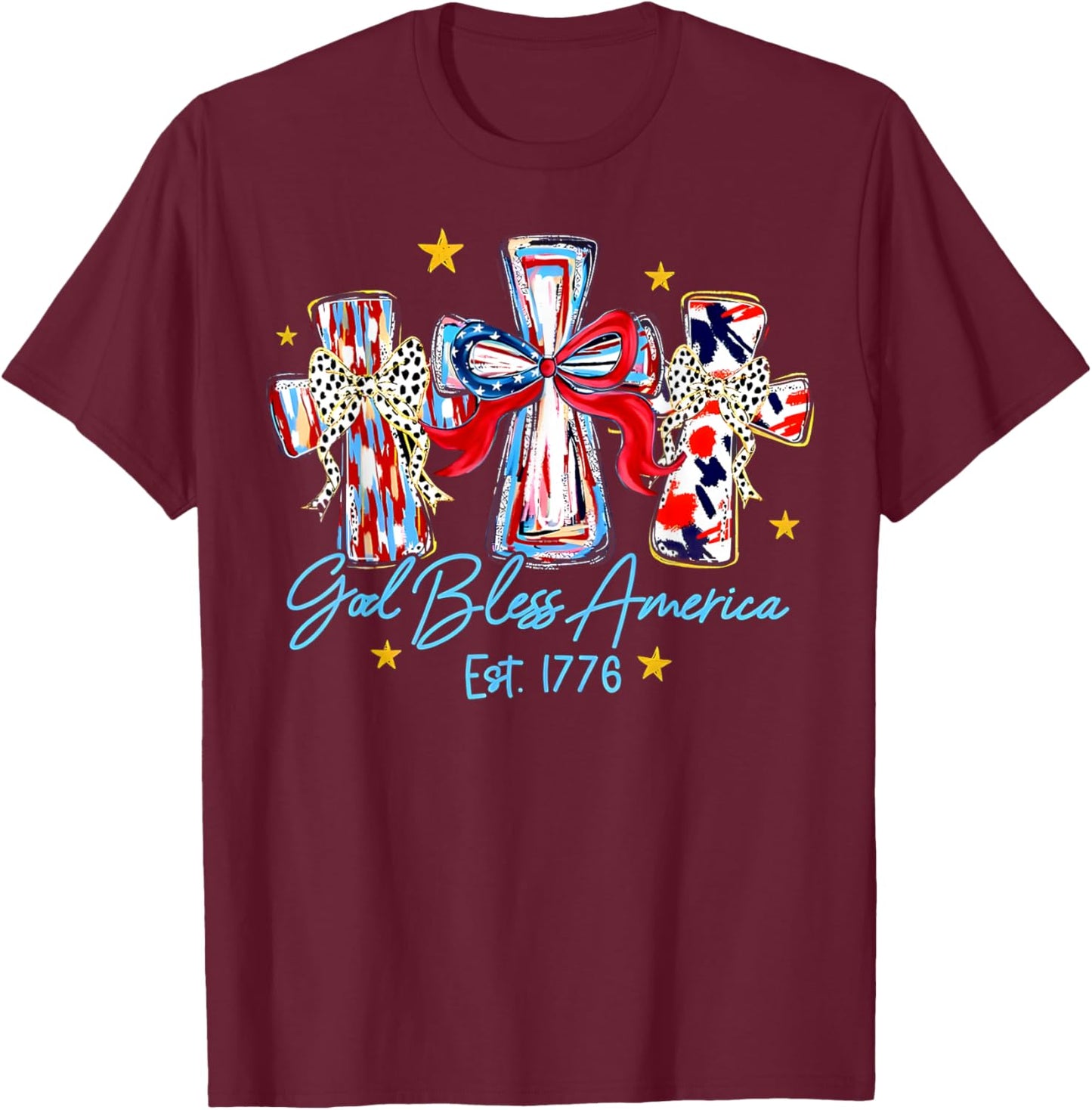 God Bless America Est 1776 Cross Coquette Bow Patriotic T-Shirt - T-Shirt | Maroon