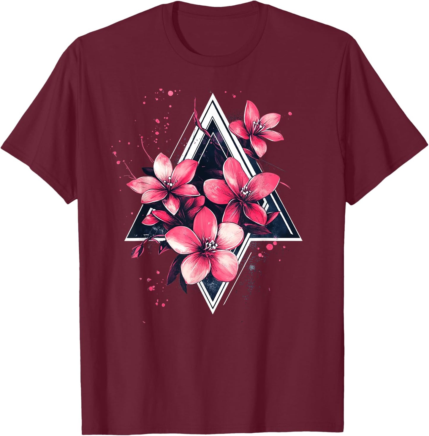 Flowers On Geometric Triangle Shapes Flower T-Shirt - T-Shirt | Maroon