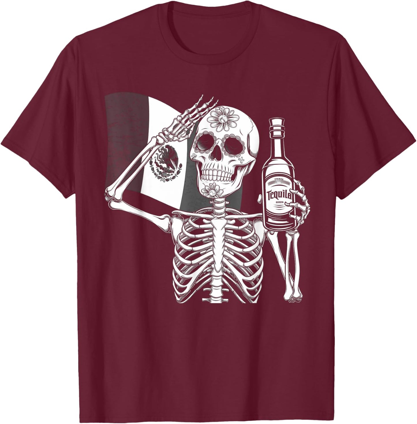 Mexico Vintage Skeleton Tequila Dia De Los Muertos Mexican T-Shirt - T-Shirt | Maroon