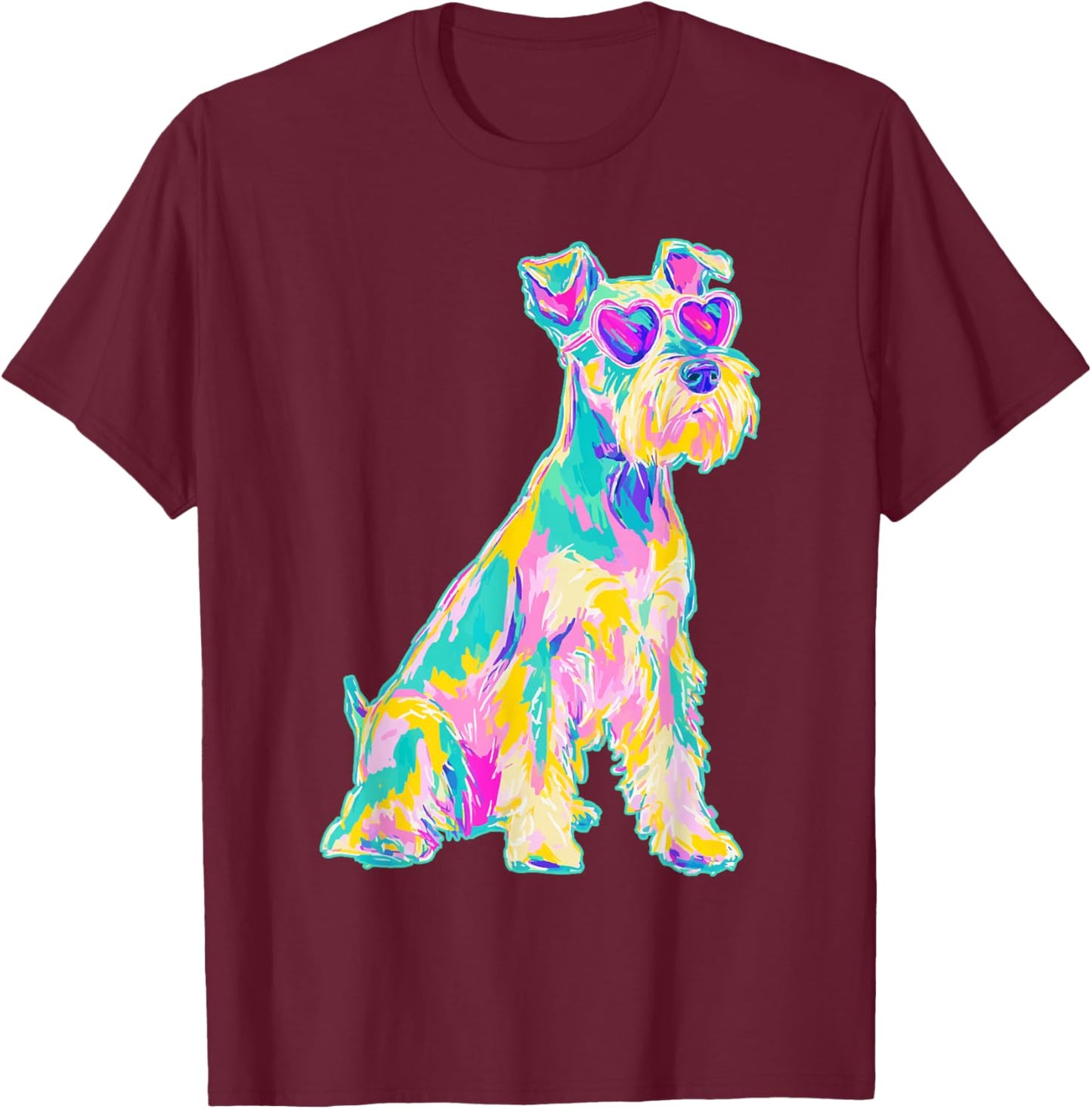 Cute Schnauzer with Heart Sunglasses Coastal Summer Vibes T-Shirt - T-Shirt | Maroon